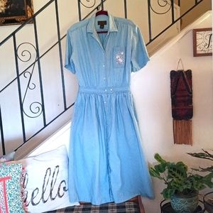 EDDIE BAUER Vintage 100% Cotton Cottage Core Midi Denim Dress Size M